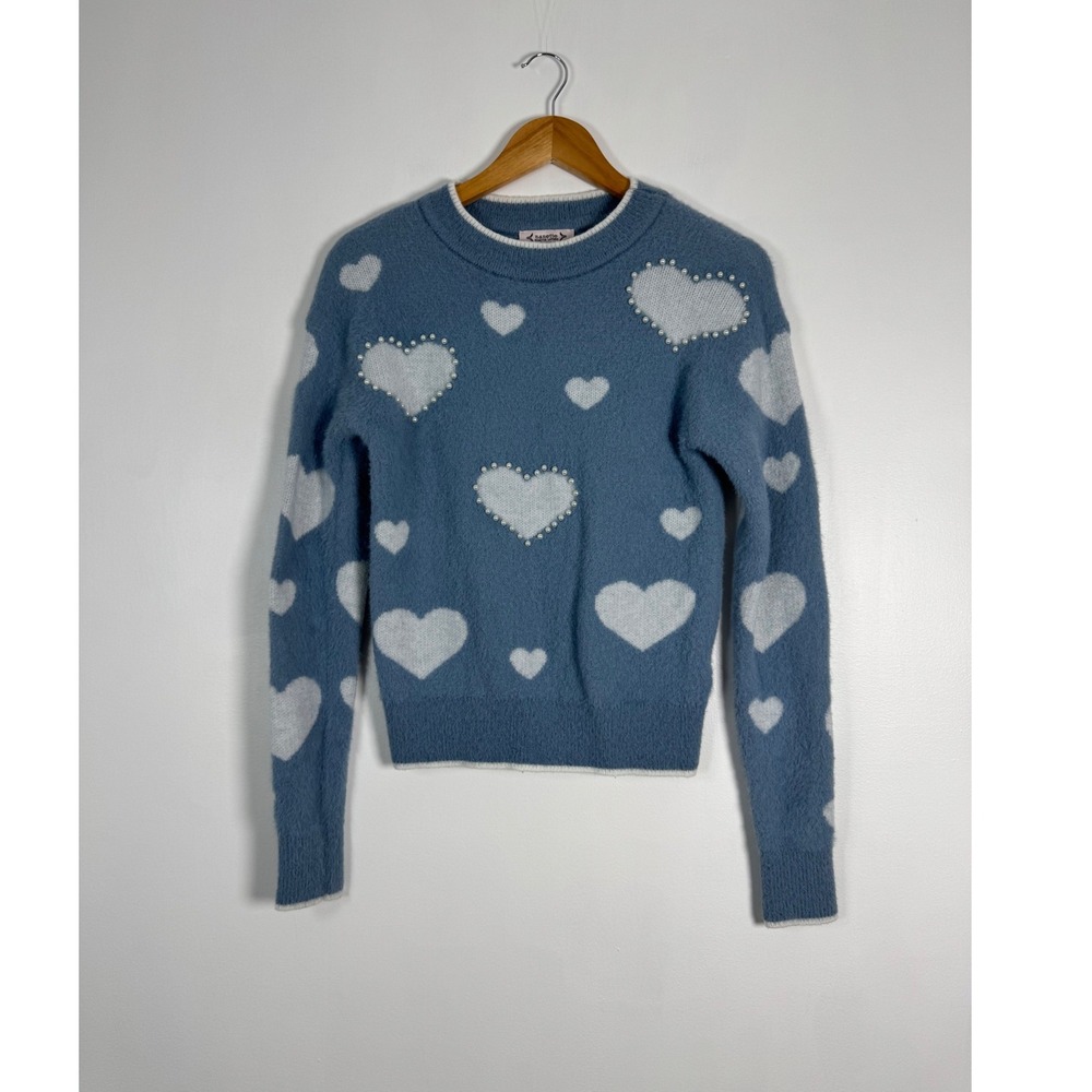 Coquette Nanette Lepore Womens XS Heart Sweater Blue Pearl Embellished Fuzzy